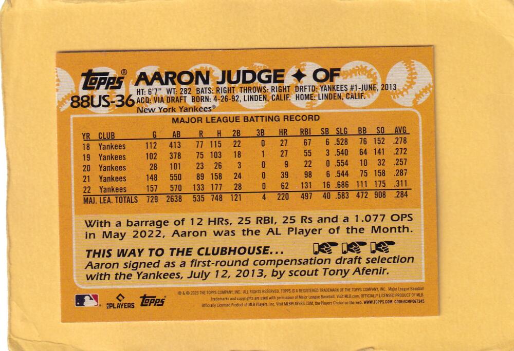 2023 Topps Update Series 1988 Baseball Blue #88US-36 Aaron Judge NM-MT+ New York Yankees + base 2 card lot