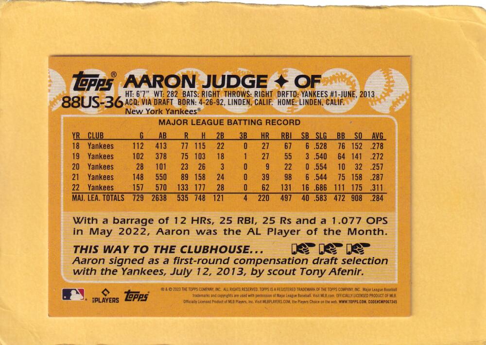 2023 Topps Update Series 1988 Baseball Blue #88US-36 Aaron Judge NM-MT+ New York Yankees + base 2 card lot