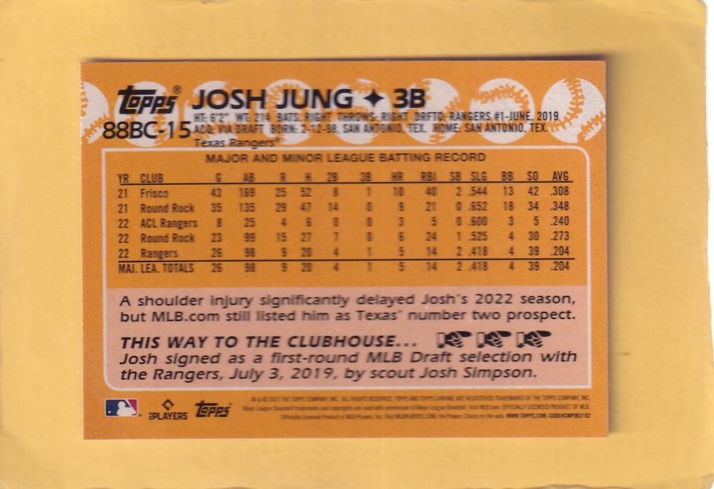 2023 Topps Chrome 1988 Baseball Refractor #88BC-15 Josh Jung RC NM-MT+ Texas Rangers