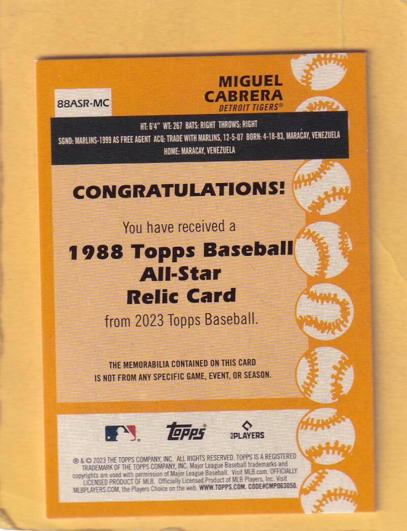 2023 Topps 1988 All-Star Baseball Relics #88ASR-MC Miguel Cabrera NM-MT+ MEM Detroit Tigers