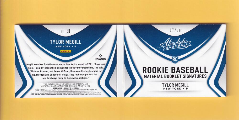 2022 Panini Absolute Rookie Baseball Material Booklet Signatures Black #160 Tylor Megill NM-MT+ RC Rookie MEM Auto 17/60 New York Mets