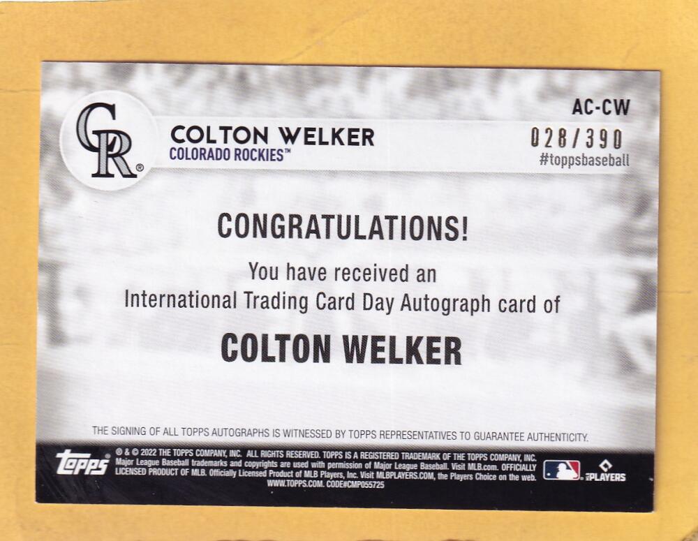 2022 Topps International Trading Card Day Baseball Autographs #AC-CW Colton Welker 28/390 NM-MT+ Auto Colorado Rockies