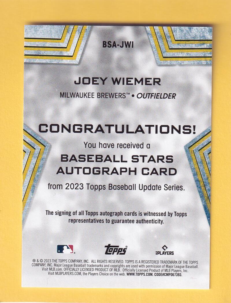 2023 Topps Update Series Baseball Stars Autographs #BSA-JWI Joey Wiemer NM-MT+ Auto Milwaukee Brewers